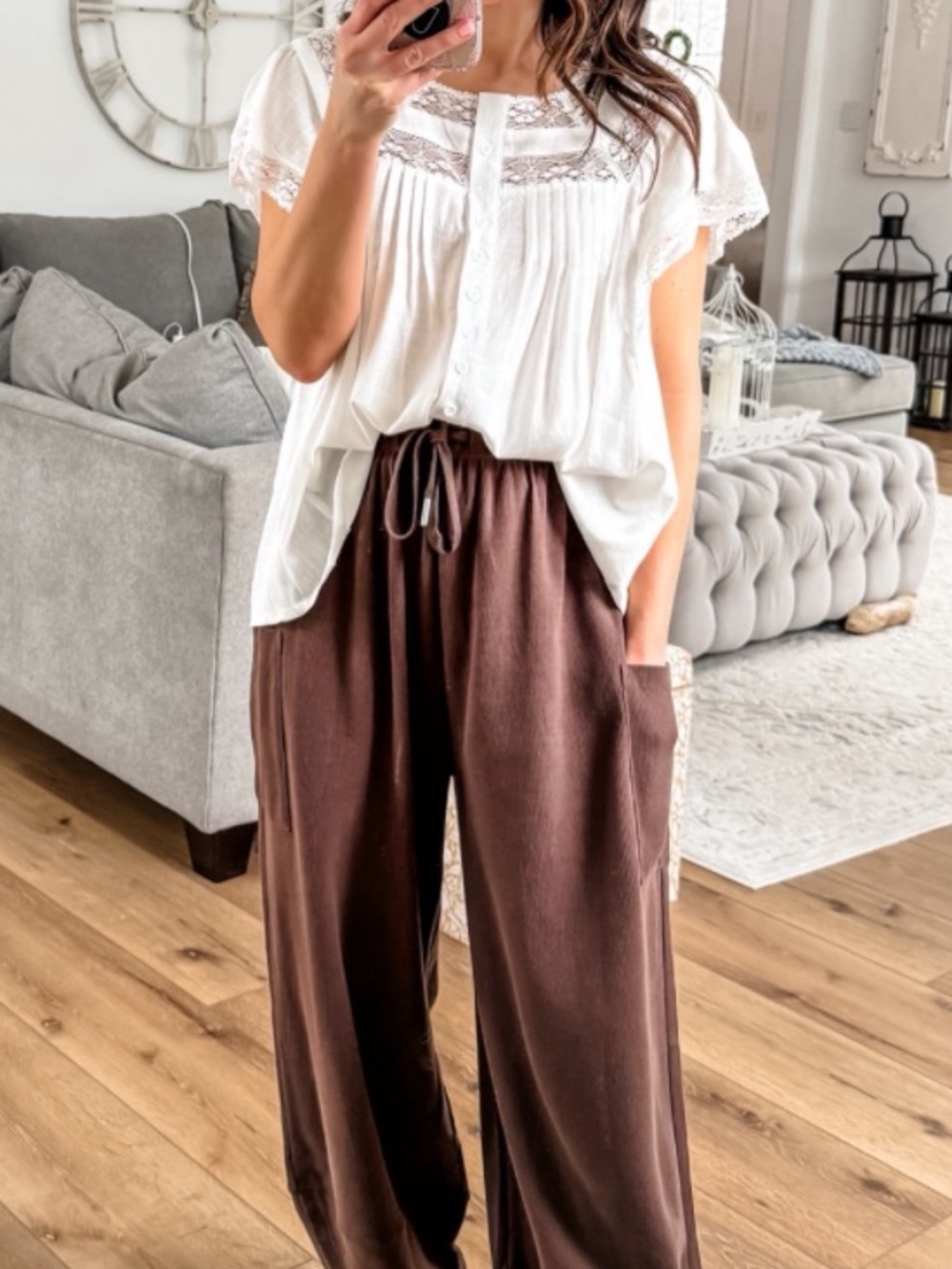 White Lace Yoke Button-Front Blouse - Picture 2 of 3